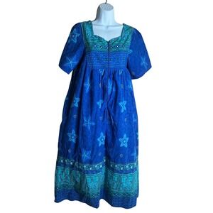 National Blue Starfish Print Cotton Lounger Dress Front Zip Pockets Size M